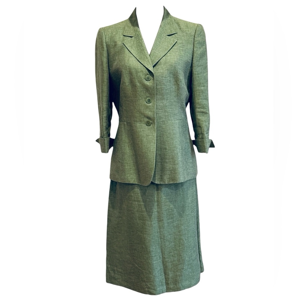 90s 2PC LE SUIT LINEN GREEN LUXURY 3/4 SLEEVES FITTED BLAZER PENCIL SKIRT SZ 8 - Picture 3 of 11